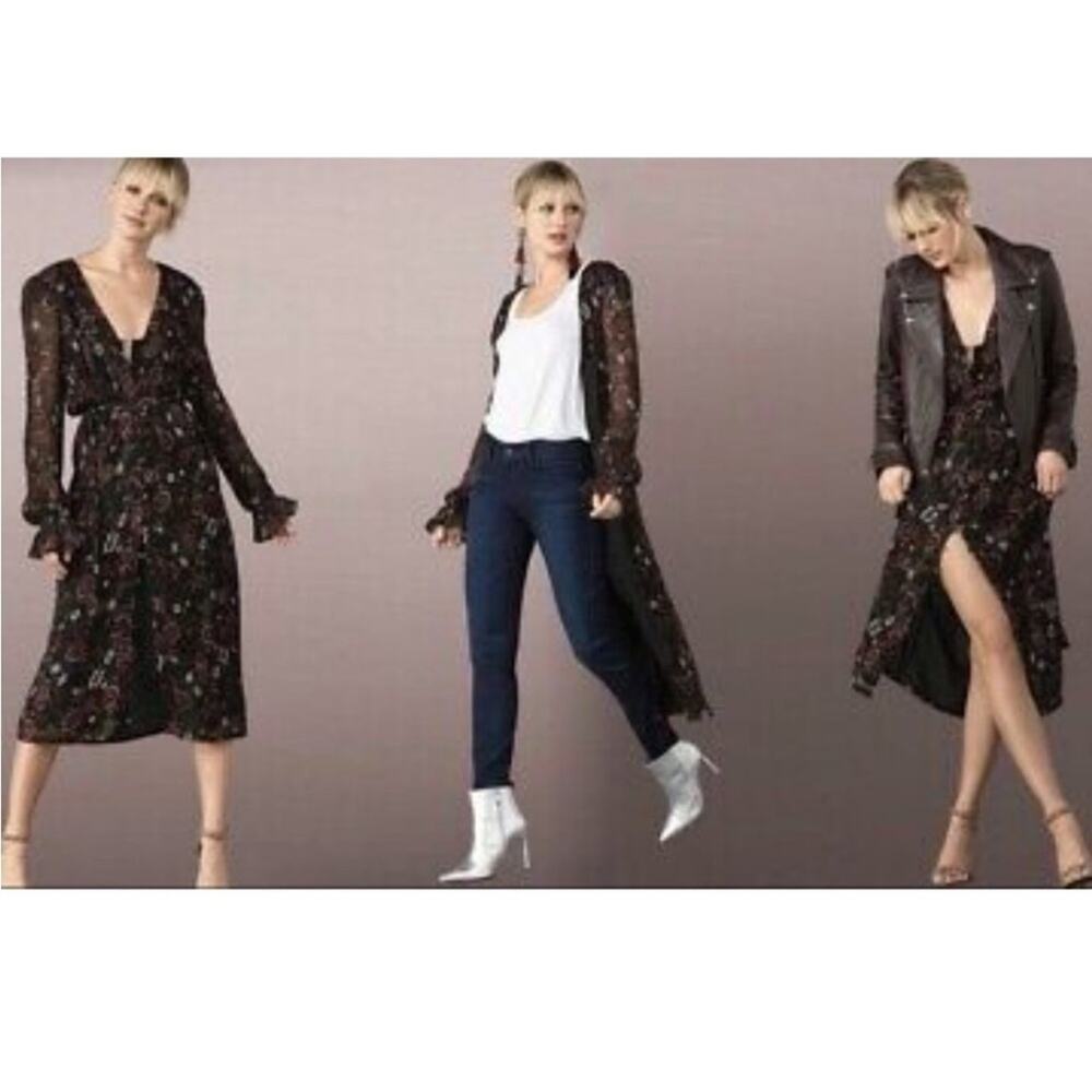 Paige Lilou Black Mauve Floral Button Front Midi Dress Duster S